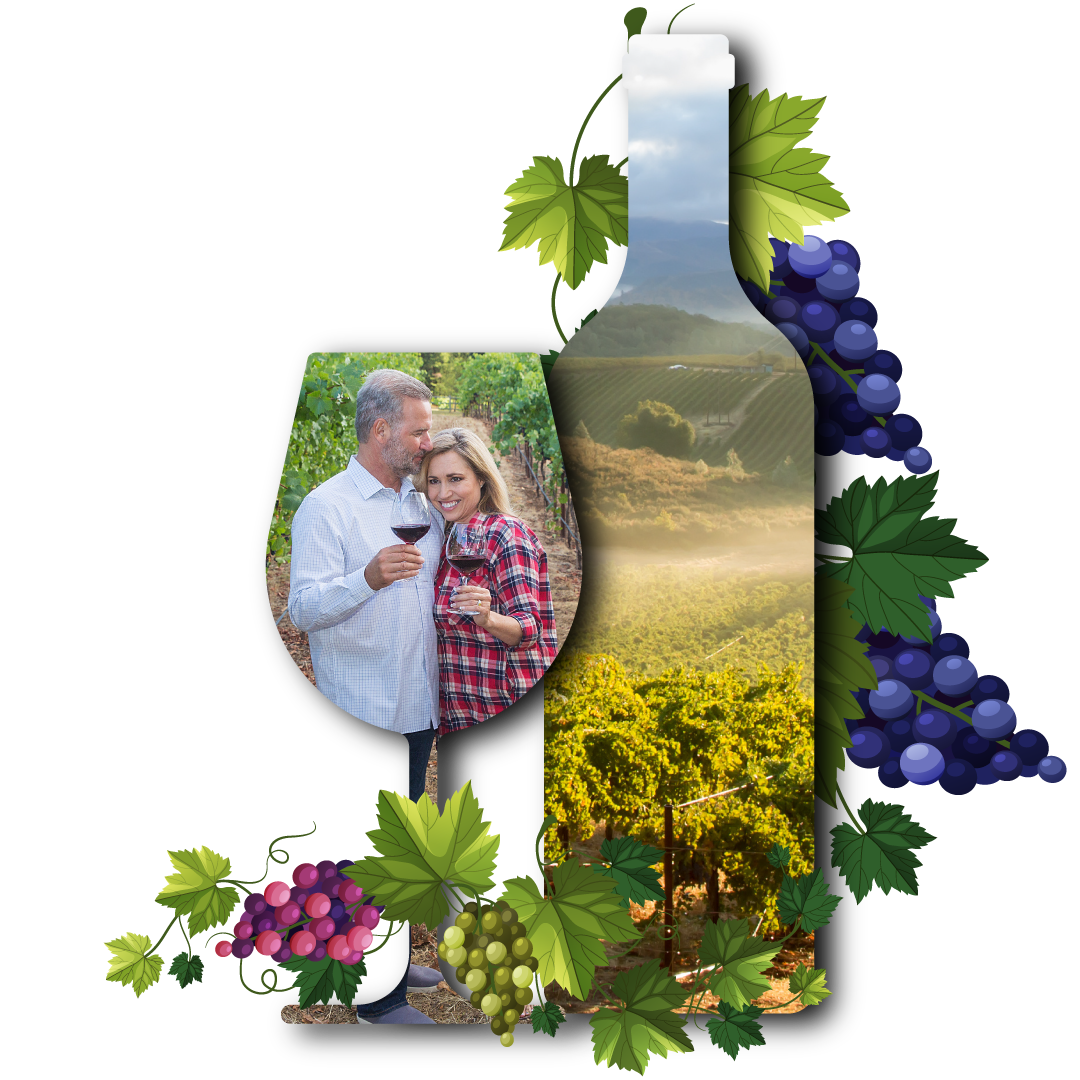Couple enjoying wine in a vineyard